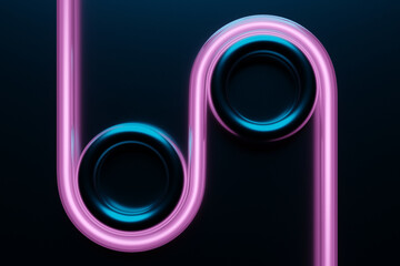 Abstract pink neon glowing crossing lines pattern. Dark  background of colorful neon glowing light shapes.
