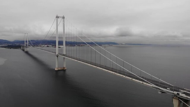 Aerial view of Osman Gazi Bridge in Kocaeli, Gulf of Izmit, Marmara sea, Turkey