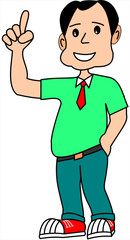 A man with a unique hairstyle is happy pointing up at something. character for advertisement man showing direction with hand vector illustration in cartoon style