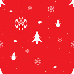 Seamless pattern with Christmas symbol, red and white color background, snow, snowflakes, snowman, tree and gift. Vector illustration.