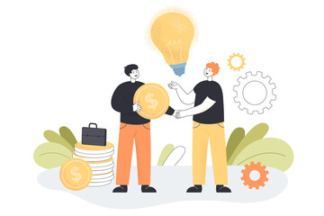 Initiative advisor giving financial support to startup worker. Professional investor or sponsor funding business idea flat vector illustration. Entrepreneurship, investment, coworking concept