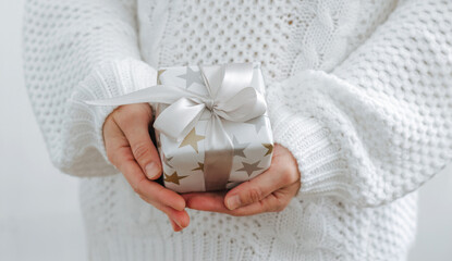 Fototapeta na wymiar Female hands are holding small gift box. Winter holidays concept New Year Christmas. Selective focus, light background