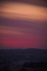 Orange colorful evening sky, Lithuania. Wintery dusk over a dark pine forest. Bright vivid cloudscape colors. Selective focus on the details, blurred background.