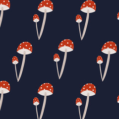 Retro abstract collection with a pattern with fly agarics for decorative design. Food Fund. Background of nature. Fabric pattern. Blue background. Organic food products. Linear art.