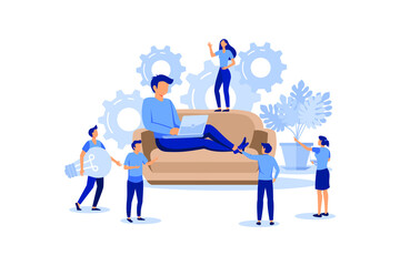 company is engaged in joint construction of column graphs, rise career to success, abstract head of person filled with ideas thoughts and analytics vector flat modern design illustration