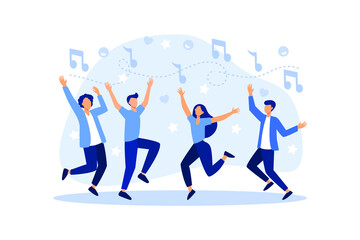group of people dancing and having fun to the music vector flat modern design illustration