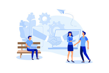 online conclusion of the transaction. the opening of a new startup. business handshake, via phone and laptop. vector illustration in a flat style investor holds money in ideas online vector flat 