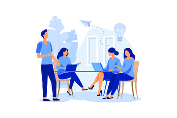 businessmen discuss social network, news, social networks, chat, dialogue speech bubbles, new projects, idea vector flat modern design illustration