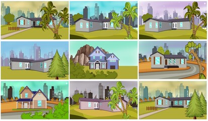 set of different 2d landscapes , sea ,park, city, house, day and night Collection of 9 illustrations, Coloring book. Illustration for children