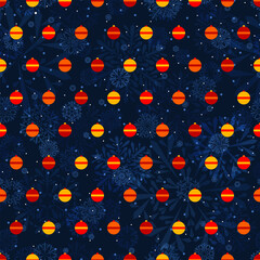 christmas balls on dark repetitive background with snowflakes. vector seamless pattern. fabric swatch. wrapping paper. continuous print. winter illustration. design template for greeting card