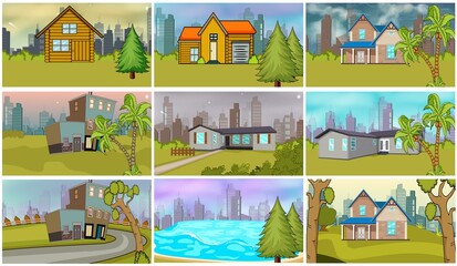 set of different 2d landscapes , sea ,park, city, house, day and night Collection of 9 illustrations, Coloring book. Illustration for children