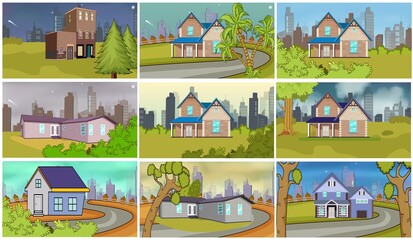 set of different 2d landscapes , sea ,park, city, house, day and night Collection of 9 illustrations, Coloring book. Illustration for children