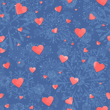 pink hearts on blue winter repetitive background with snowflakes. vector seamless pattern. valentines illustration. fabric swatch. wrapping paper. continuous retro design template for greeting card