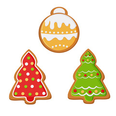 Flat closeup on white backdrop. Christmas gingerbread cookies. Holiday celebration. Vector background. Wooden background. Happy celebration. Merry christmas.