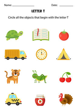 Letter recognition for kids. Circle all objects that start with T.