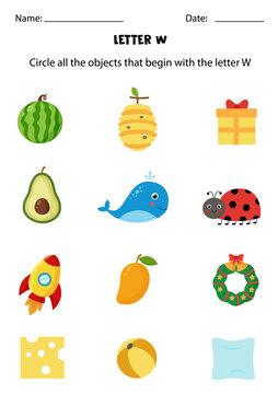 Letter recognition for kids. Circle all objects that start with W.