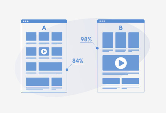 Split test comparison flat vector concept - AB testing with randomized experiments campaign. Smartphone with two A-B websites with a different web development UI interface on the screen