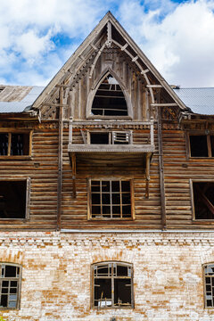 The building of an old abandoned mill, a fragment of the facade. The picture was taken in the village of Pervokrasnoe, in the Orenburg region