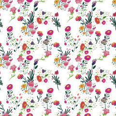 Seamless pattern with wildflowers on watercolor paper background.