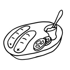 Breakfast with sausages in doodle style. Isolated vector.
