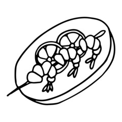 Shrimp kebab in doodle style. Isolated vector.