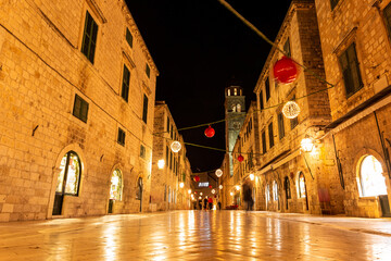 Street in Dubrovnik night view, Dalmatia region of Croatia