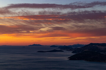 Fototapeta premium Sunset view from Croatians montains, to Dalmatian coast of the Adriatic Sea.