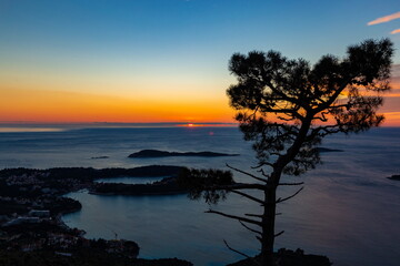 Fototapeta na wymiar Sunset view from Croatians montains, to Dalmatian coast of the Adriatic Sea.