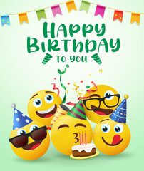 Birthday smileys vector design. Happy birthday to you text with celebrating emoji blowing cake candle for party greeting and birth day celebrant smileys. Vector illustration.
