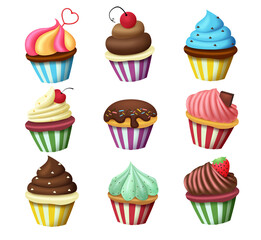 Birthday cupcakes vector set design. Cup cakes and muffins birth day dessert with sprinkles and toppings decoration elements for party sweets and cakes. Vector illustration.
