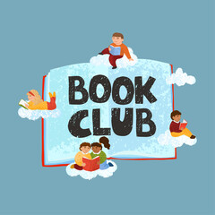 Book club, hand drawn vector lettering. Open book illustration of reading children on clouds with typography isolated on white background
