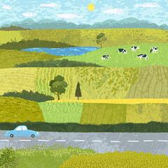 Vector colorful textured illustration of rustic landscape with a fields, a herd of cows and a car on the road. Use it as background for poster, postcard, brochure, card, banner other graphic design