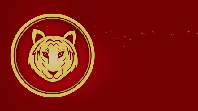 Happy Chinese New Year concept.Golden tiger in golden circle and golden particles on red gradient background.