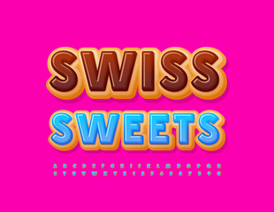 Vector stylish logo Swiss Sweets. Blue Glazed Font. Delicious set of cake Alphabet Letters and Numbers