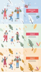 Seasonal sale banners set for different commercial year events with family members shopping goods. Discount and big sale special offer posters or flyers template, vector illustration.
