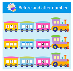 What comes Before and After. Math worksheets for kids. Vector illustration. 