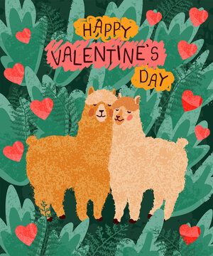Vector colorful Valentines Day greeting card with cute illustration a couple of llamas in love. Flyers, invitation, poster, brochure, banner