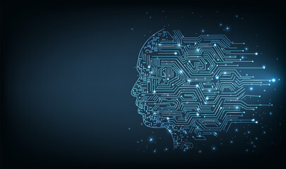  Electronic brain and Concept of artificial intelligence(AI).Graphic of a digital brain and Human head outline made from circuit board, connecting on dark blue background. 