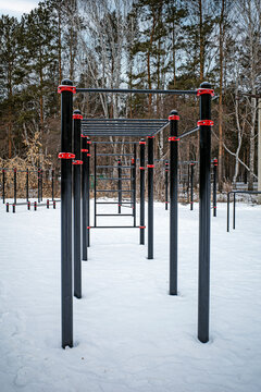Playground with sports equipment on a winter afternoon