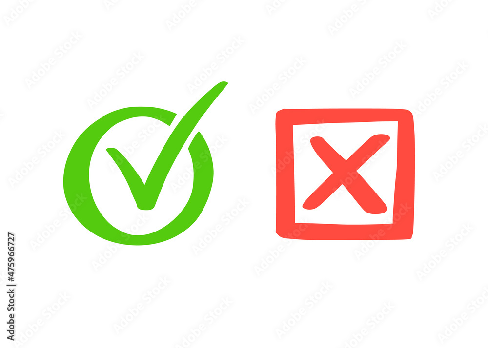 Poster green check and red cross mark. hand drawn doodle sketch style. vote, yes, no drawn concept. checkbo