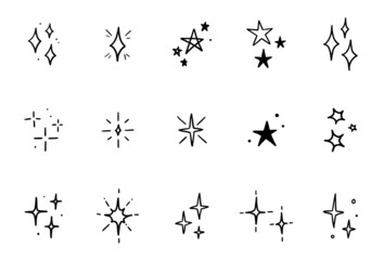 Line star glitter shine of doodle set. Star shine glow, spark glitter, sparkle light vector illustration. Hand drawn sketch doodle style.