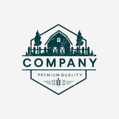 Obraz premium Agriculture and farming logo Farm house landscape Vector illustration of organic products and labels. harvest logos, fresh and healthy food logotypes silhouette retro hipster