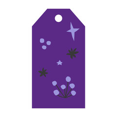 Vector gift tag with hand drawn flat minimalistic elements (star, anise star). Illustration with abstract shapes. Concept for decoration of Christmas gift boxes and presents on purple background