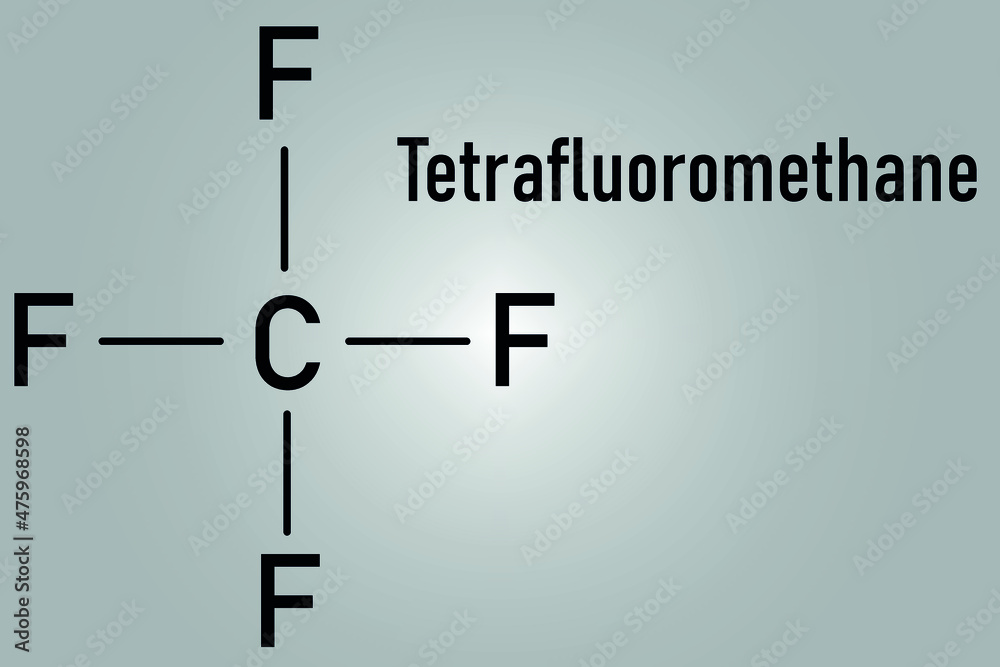 Sticker Tetrafluoromethane, carbon tetrafluoride, CF4, greenhouse gas molecule. Skeletal formula.