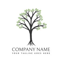 Tree logo design. Vector illustration of a tree with branching branches and green leaves