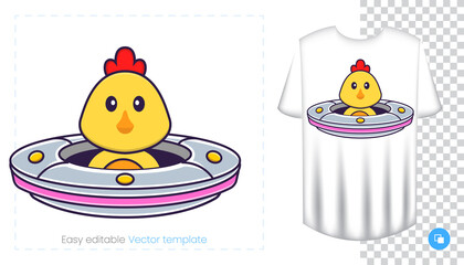 Cute chicken character. Prints on T-shirts, sweatshirts, cases for mobile phones, souvenirs. Isolated vector illustration on white background.