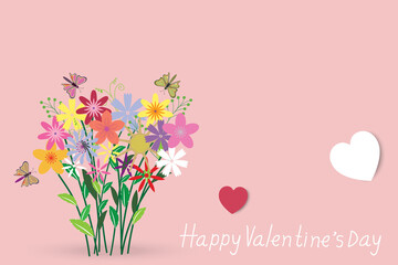 Valentine's Day background, many beautiful flowers and butterfly flew to see the flowers. White and red hearts symbolize love.  Vector illustration.