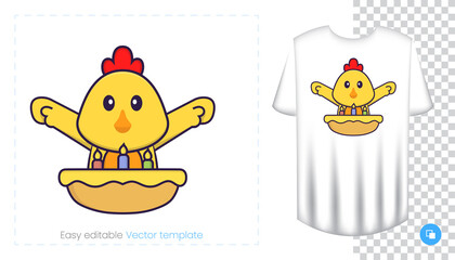 Cute chicken character. Prints on T-shirts, sweatshirts, cases for mobile phones, souvenirs. Isolated vector illustration on white background.