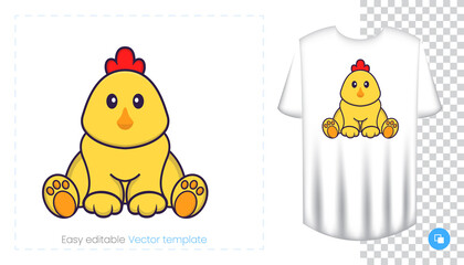 Cute chicken character. Prints on T-shirts, sweatshirts, cases for mobile phones, souvenirs. Isolated vector illustration on white background.