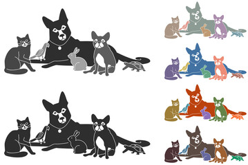Pets, logo for a veterinary clinic or for a pet shop. A set of black and white and color options. All animals are isolated - you can move them or remove someone 